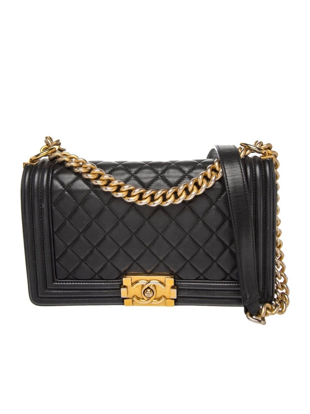 CHANEL Black Quilted Boy Shoulder Bag with Gold Hardware